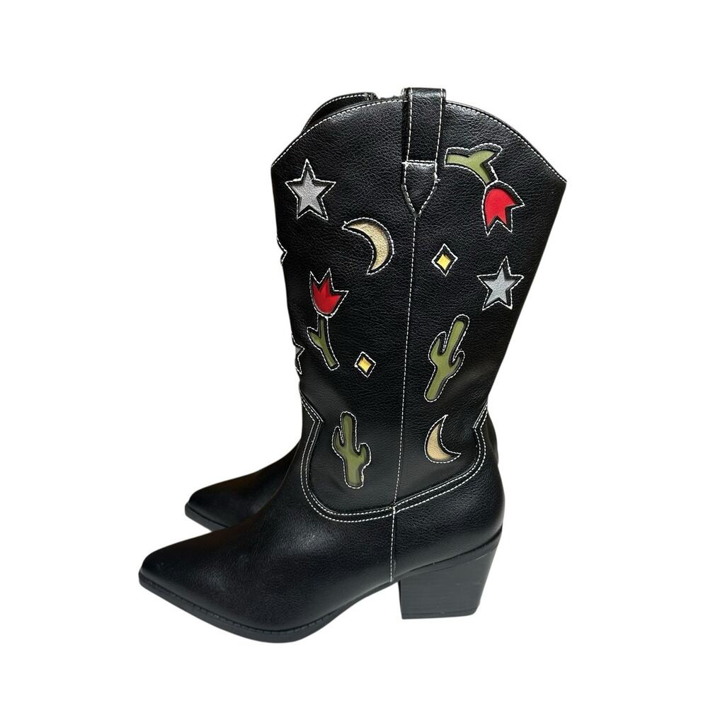 No Boundaries Western Cowgirl Boots Cactus Moon Star Black Faux Leather Womens 9 - Picture 3 of 10